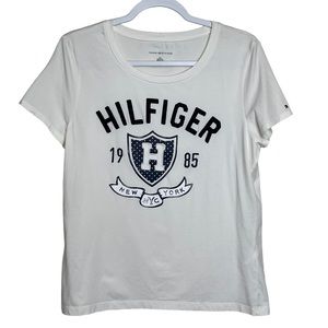 Tommy Hilfiger White Logo Tee Shirt Embroidered Spell Out Short Sleeve Size L